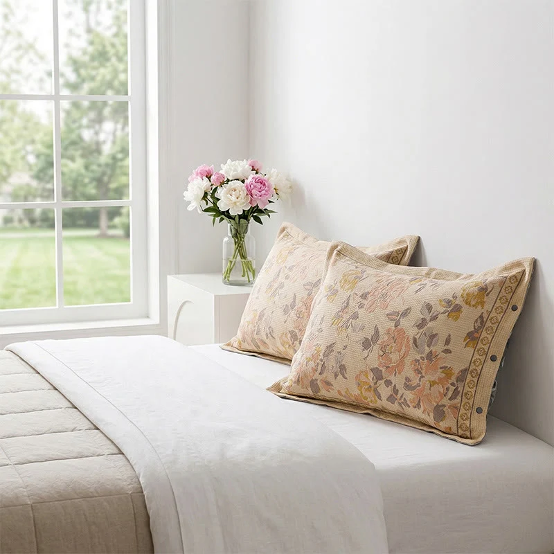 Federe in cotone e lino jacquard con motivo floreale (2 pezzi)