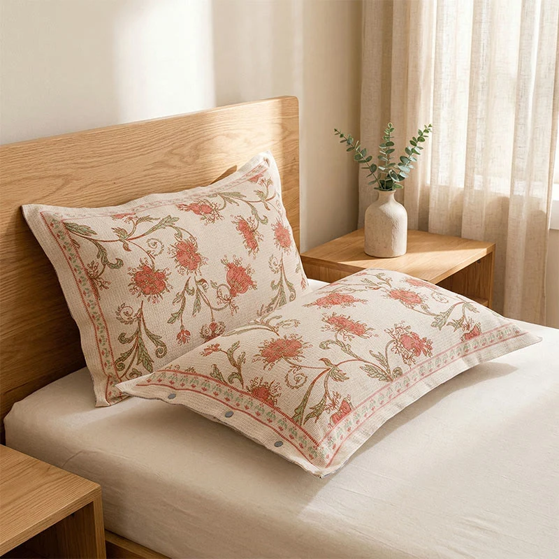 Federe in cotone e lino con stampa floreale rossa (2 pezzi)