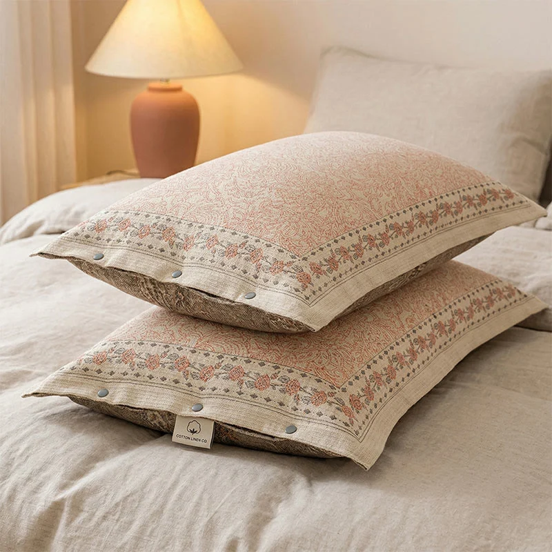 Federe in cotone e lino con motivo rosa vintage (2 pezzi)