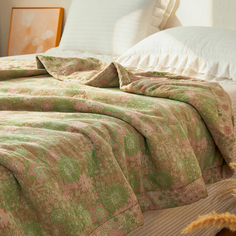 Trapunta in mussola jacquard floreale boho tinta in filo