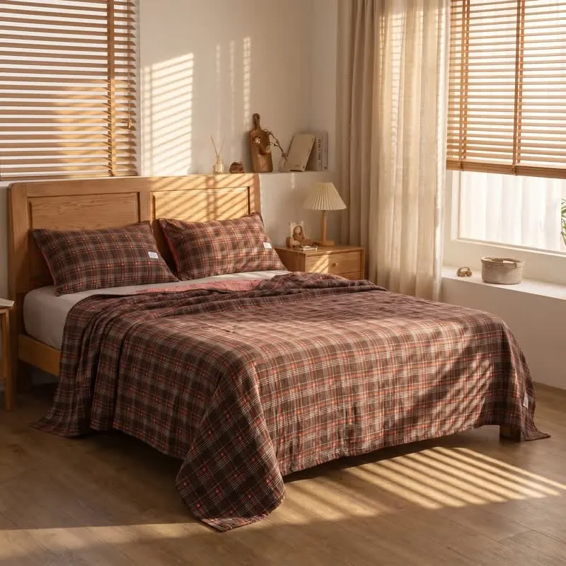 Set di biancheria da letto vintage in garza di cotone a quadri