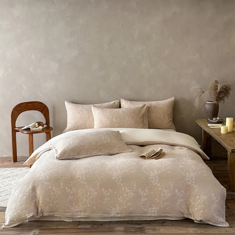 Set di biancheria da letto in cotone jacquard con motivo floreale botanico color cammello