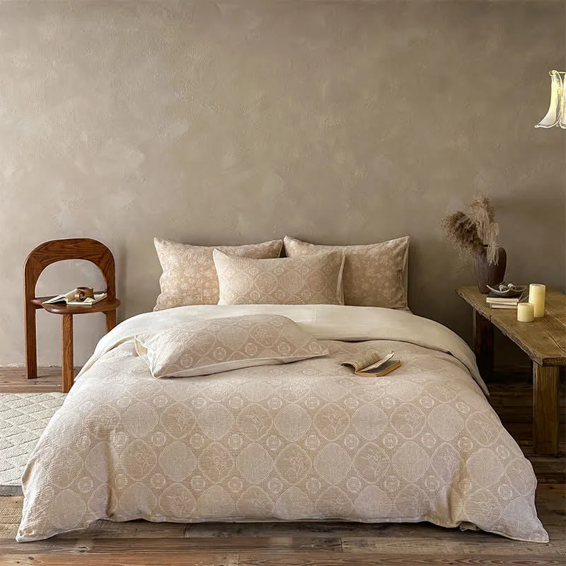 Set di biancheria da letto in cotone jacquard con motivo geometrico floreale color cammello
