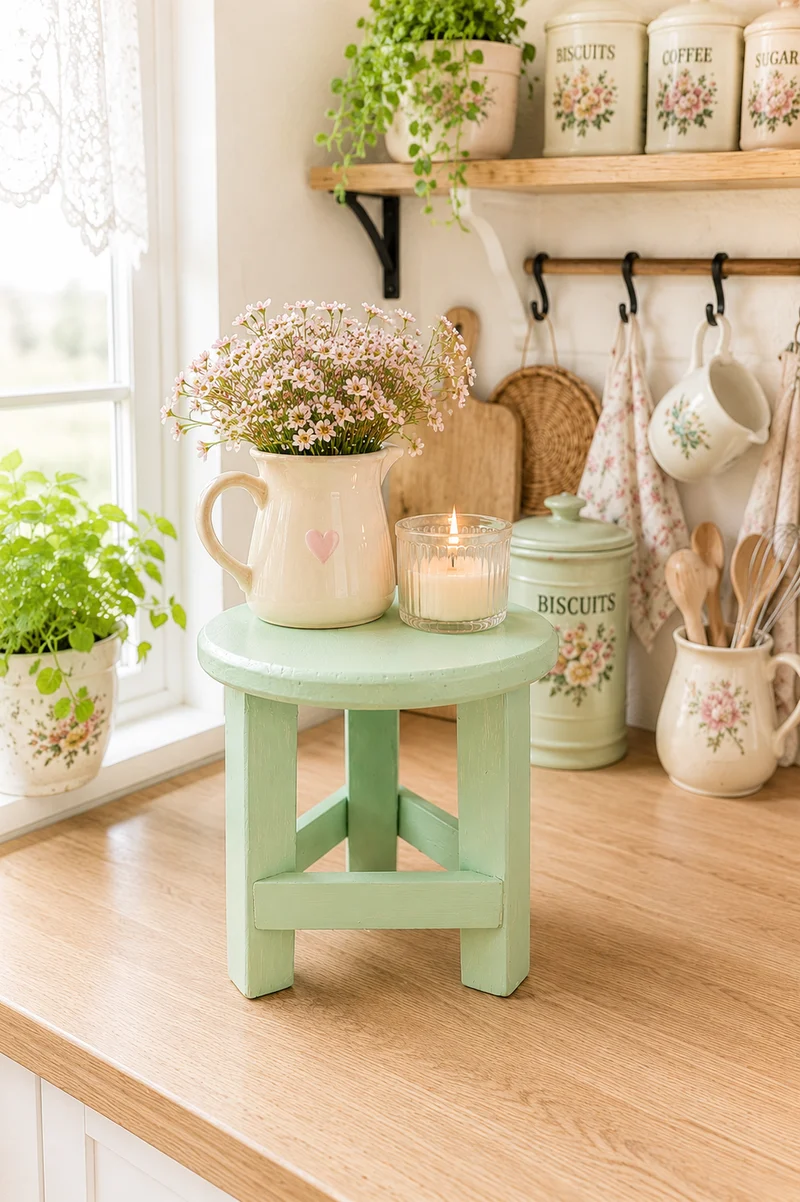 Sgabellino decorativo in legno riciclato verde