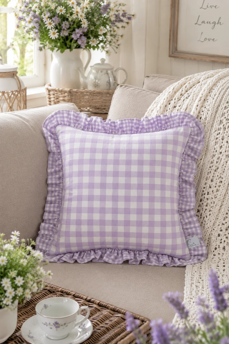 Federa Cuscino Quadri Lavanda 40x40 cm con Volant Stile Cottage