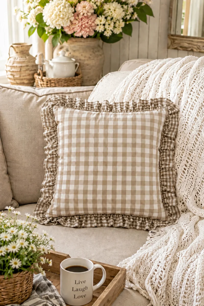 Federa Cuscino Quadri Fango 40x40 cm con Volant Stile Cottage