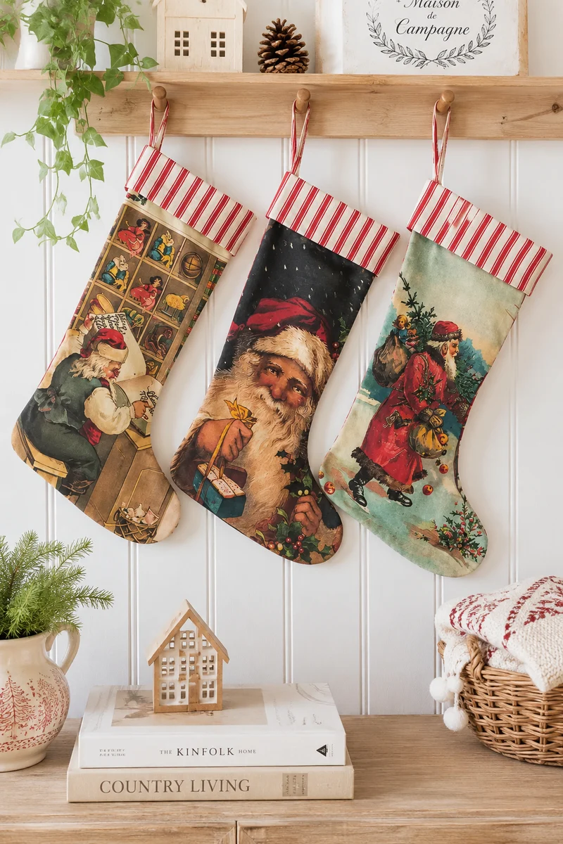 Calza Vintage di Babbo Natale in Cotone 43x25 cm