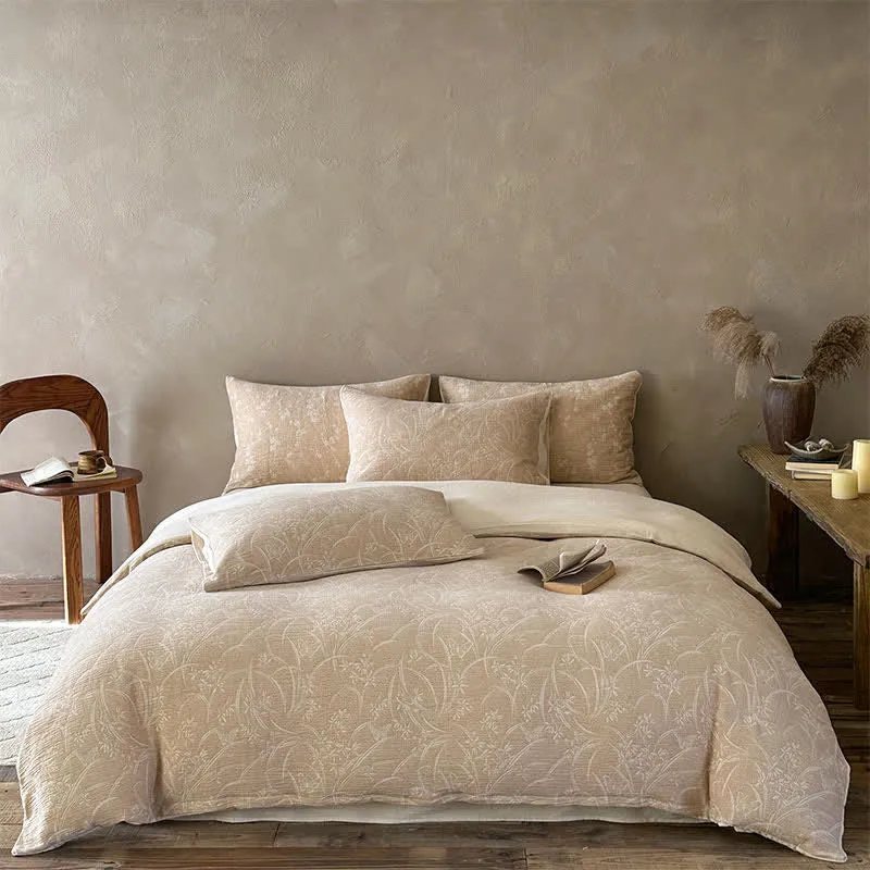 Set di biancheria da letto in cotone jacquard con motivo botanico beige