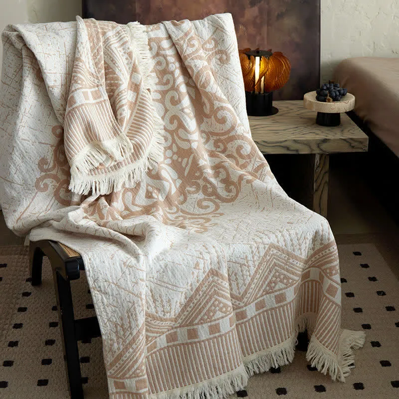 Coperta tribale in garza di cotone con nappe e motivi geometrici