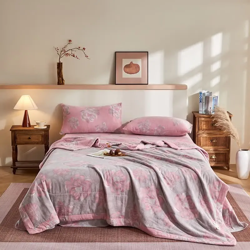 Trapunta jacquard rustica in garza di cotone con motivo floreale