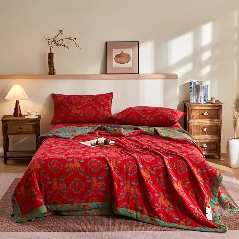 Trapunta vintage in garza di cotone con motivo jacquard di cavalli
