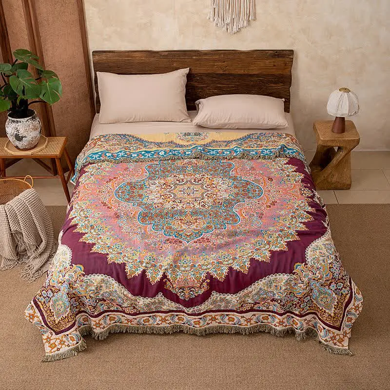 Coperta trapuntata in cotone con nappe etniche retrò