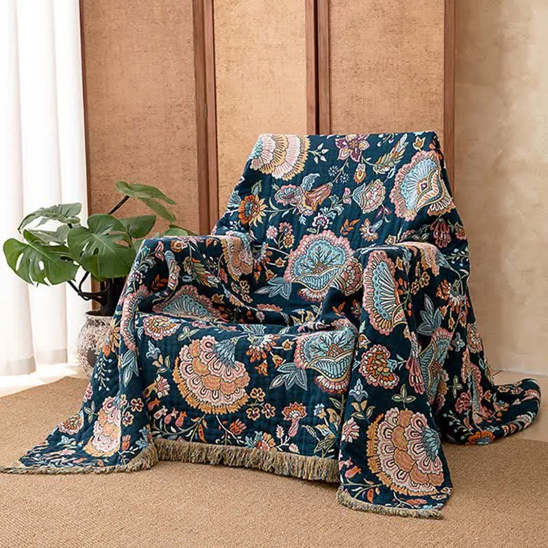 Coperta in cotone con nappe floreali Boho