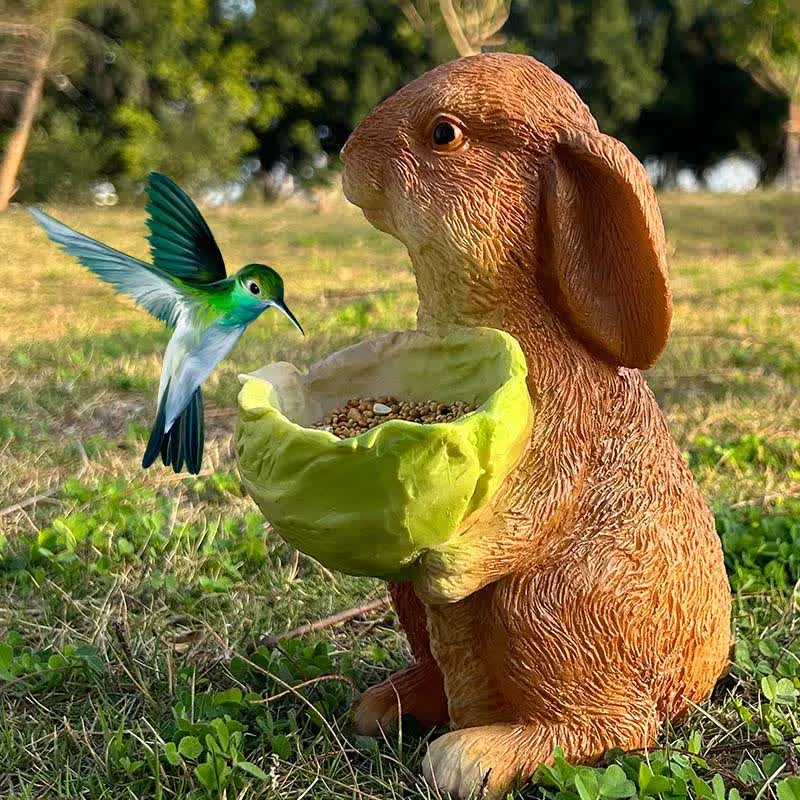 Statua in resina per mangiatoia da giardino a forma di coniglio e uccello