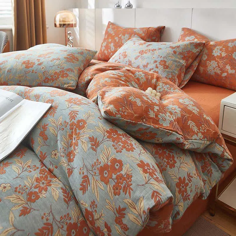 Biancheria da letto in doppia garza di cotone floreale arancione