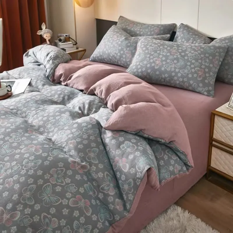 Biancheria da letto in cotone a doppia garza con farfalle e fiori