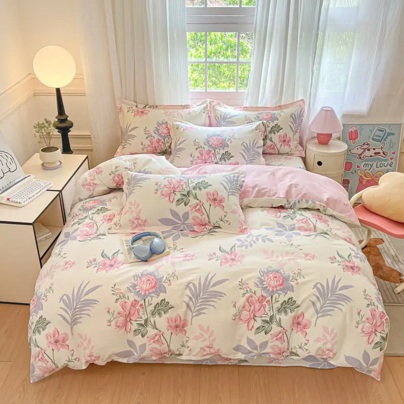 Set di biancheria da letto in cotone con motivo floreale e foglie pastorali (4 pezzi)
