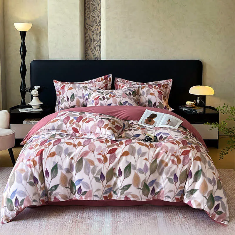 Set di biancheria da letto in cotone spazzolato con foglie colorate (4 pezzi)