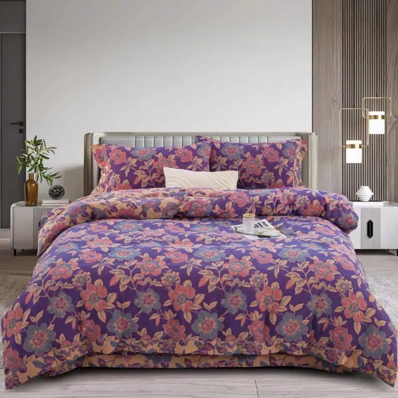 Set di biancheria da letto in cotone a doppia garza con motivo floreale viola (4 pezzi)