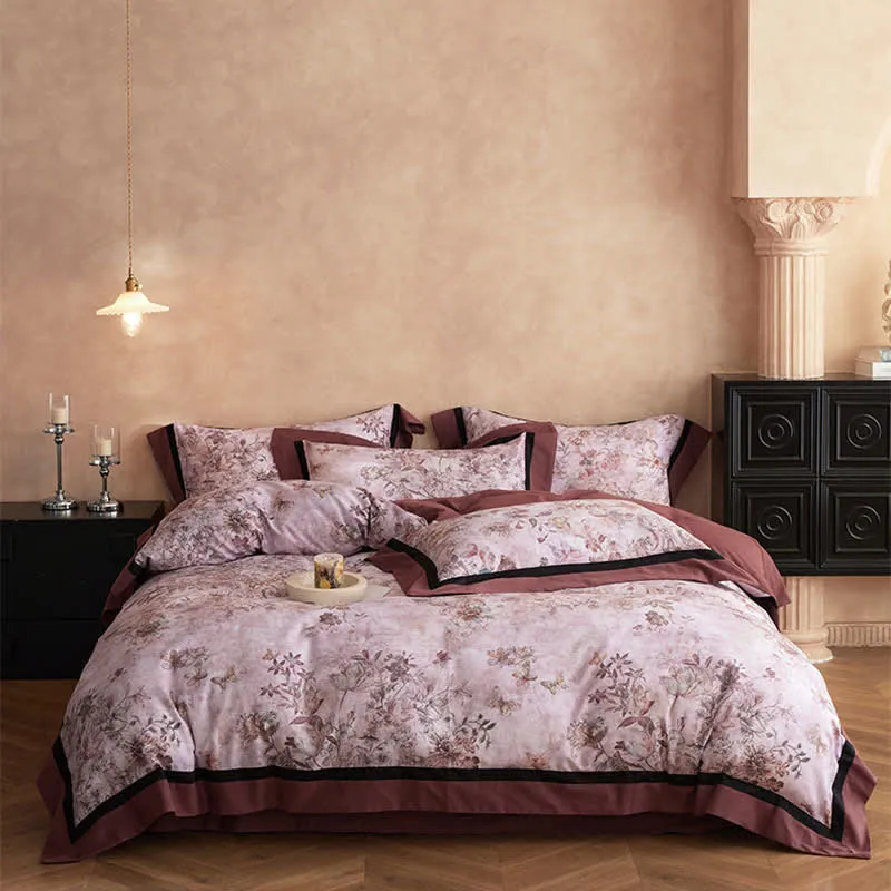 Set di biancheria da letto in cotone con motivo floreale e farfalla (4 pezzi)