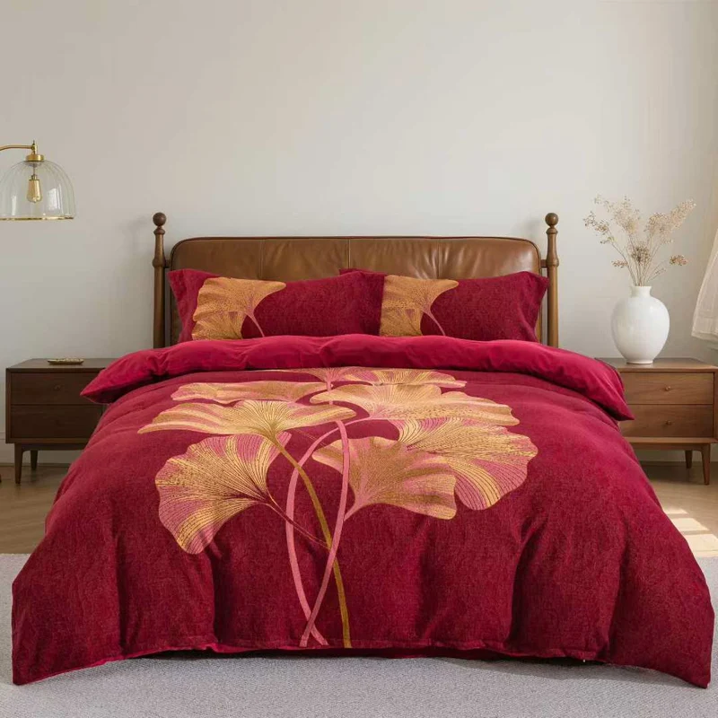 Set di biancheria da letto in cotone con foglie di ginkgo rosso e oro (4 pezzi)