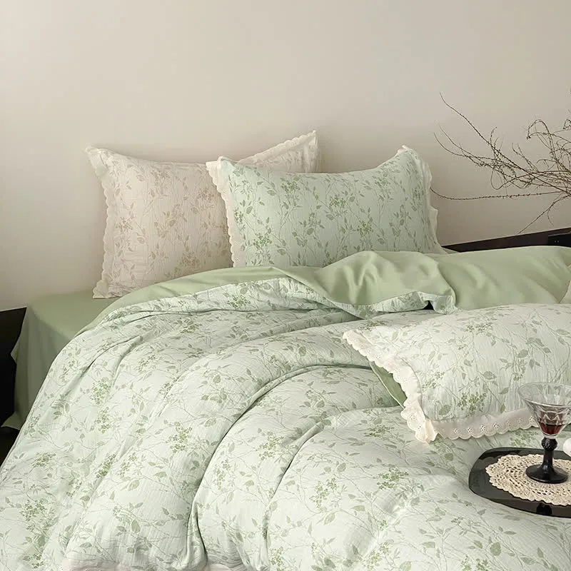 Set di biancheria da letto in garza di cotone con foglie sottili vintage (4 pezzi)