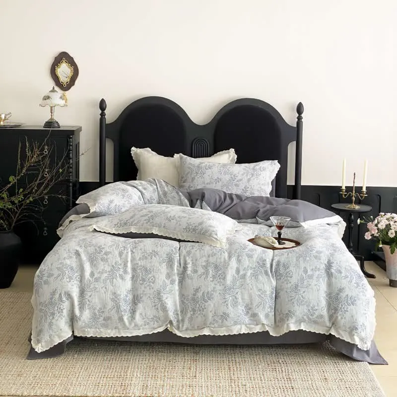 Set di biancheria da letto in garza di cotone Vintage Sottile Rosa (4 pezzi)