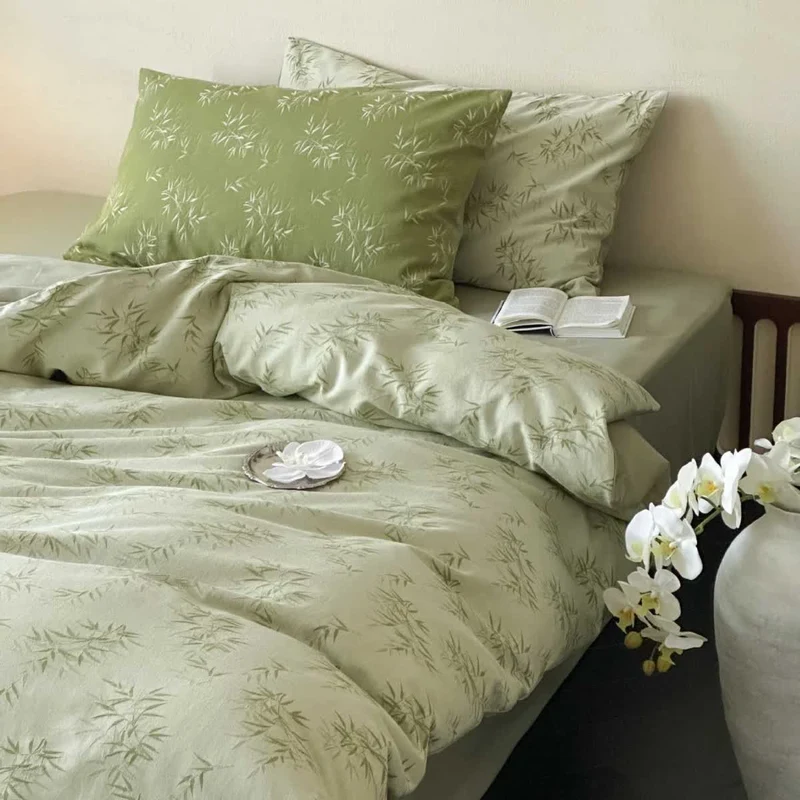Set di biancheria da letto in cotone jacquard con foglie di bambù orientali (4 pezzi)