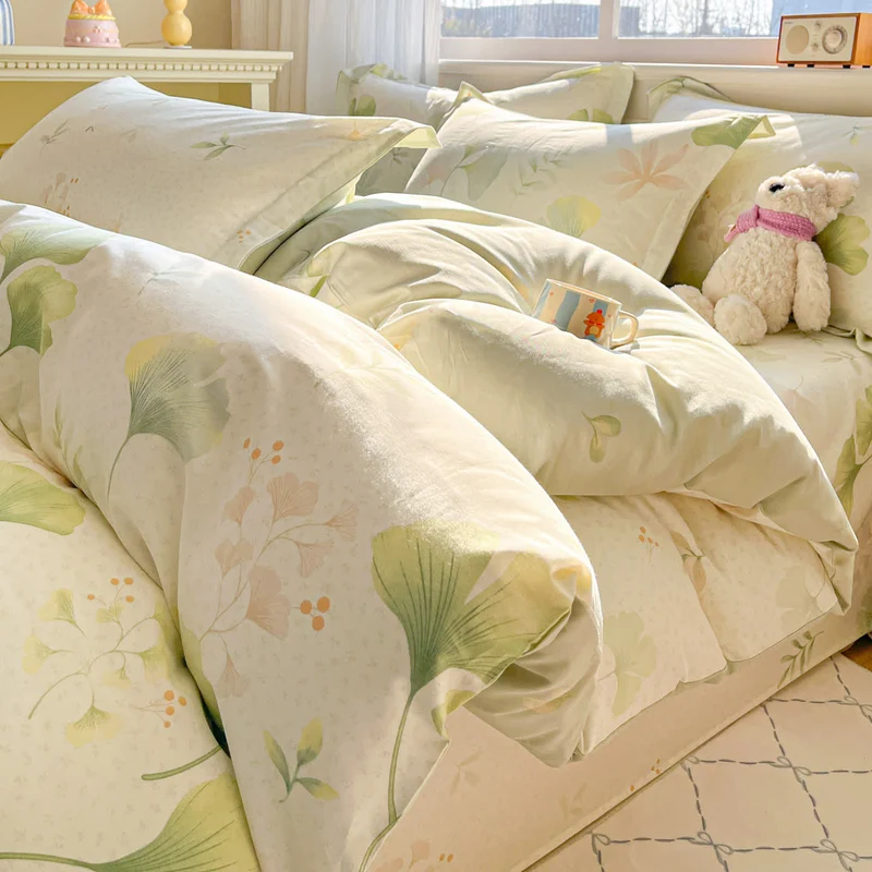 Biancheria da letto in cotone con foglie di ginkgo rustico e fresco