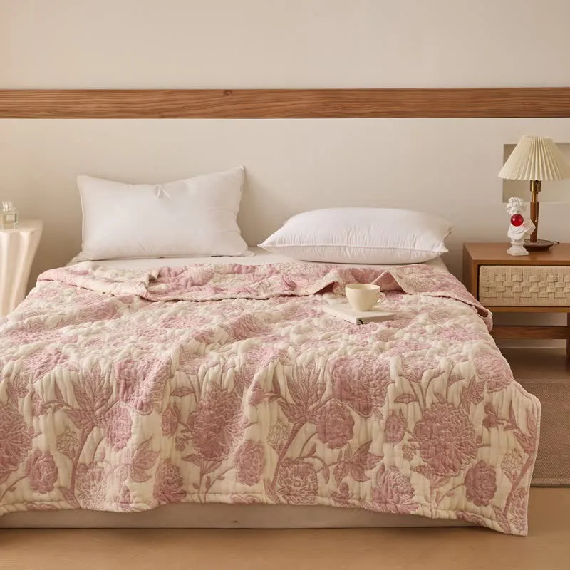Trapunta reversibile in garza di cotone con motivo floreale di peonia