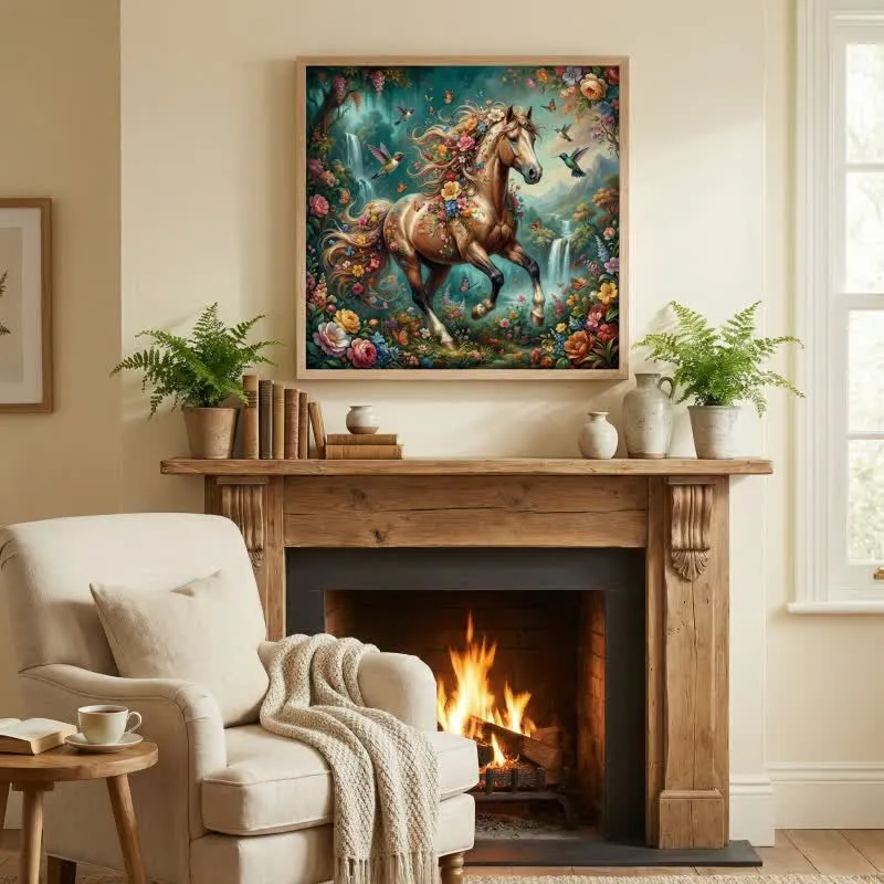 Arte murale decorativa con effetto 3D di cavalli e fiori