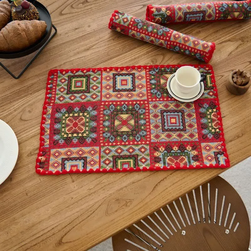 Tovaglietta in tessuto jacquard con motivo geometrico vintage (3 pezzi)