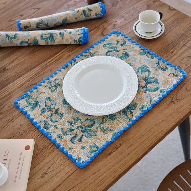 Tovaglietta in tessuto jacquard floreale blu rustico