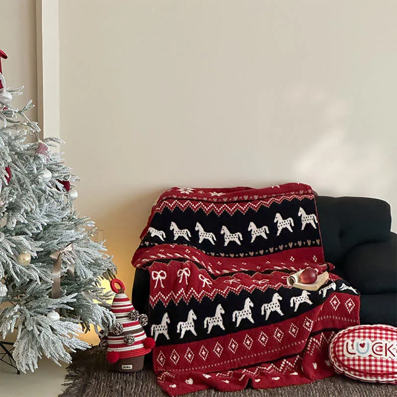 Coperta vintage con cavallo nordico e fiocco di neve