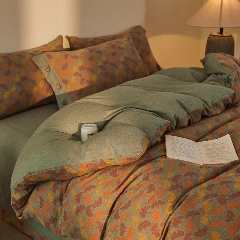 Set di biancheria da letto in cotone a doppia garza con motivo botanico Ginkgo (4 pezzi)