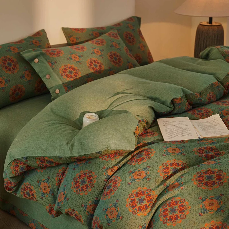 Set di biancheria da letto in cotone a doppia garza con motivi geometrici vintage (4 pezzi)