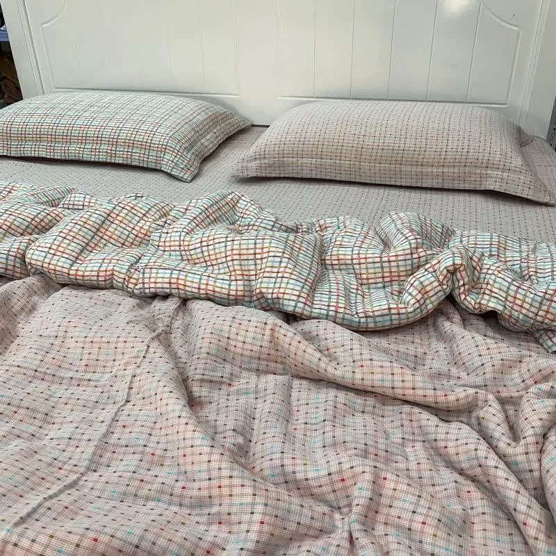 Set di biancheria da letto in garza di cotone a quadri e pois colorati (4 pezzi)