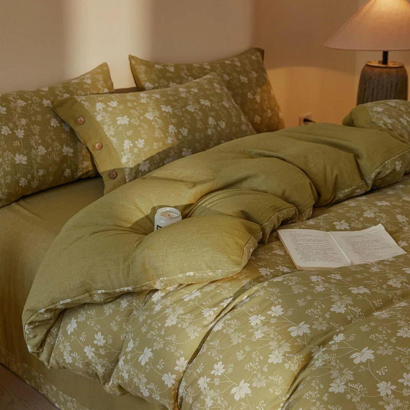 Set di biancheria da letto in cotone a doppia garza con motivo floreale botanico (4 pezzi)