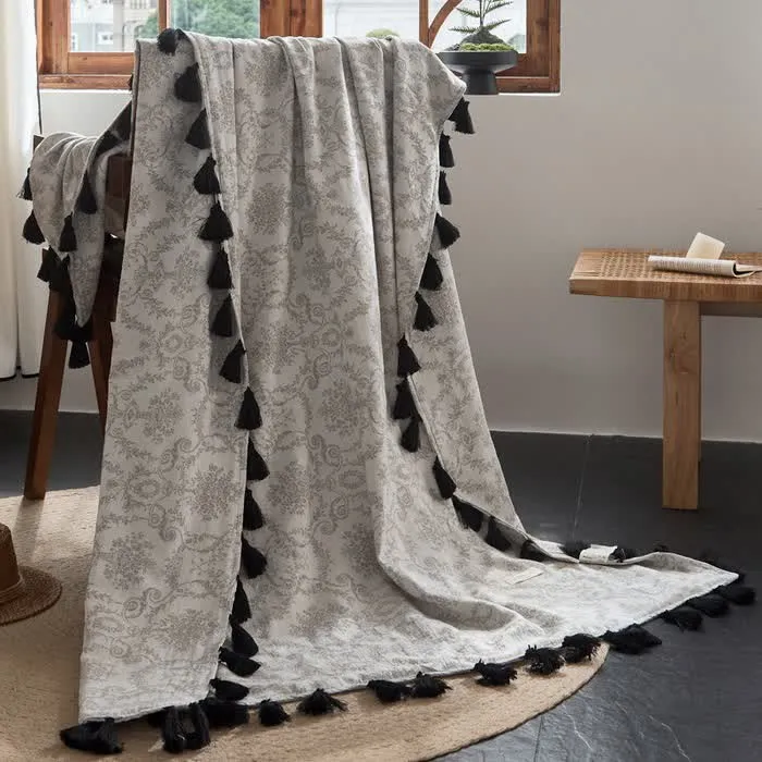 Coperta in cotone e lino jacquard botanico vintage