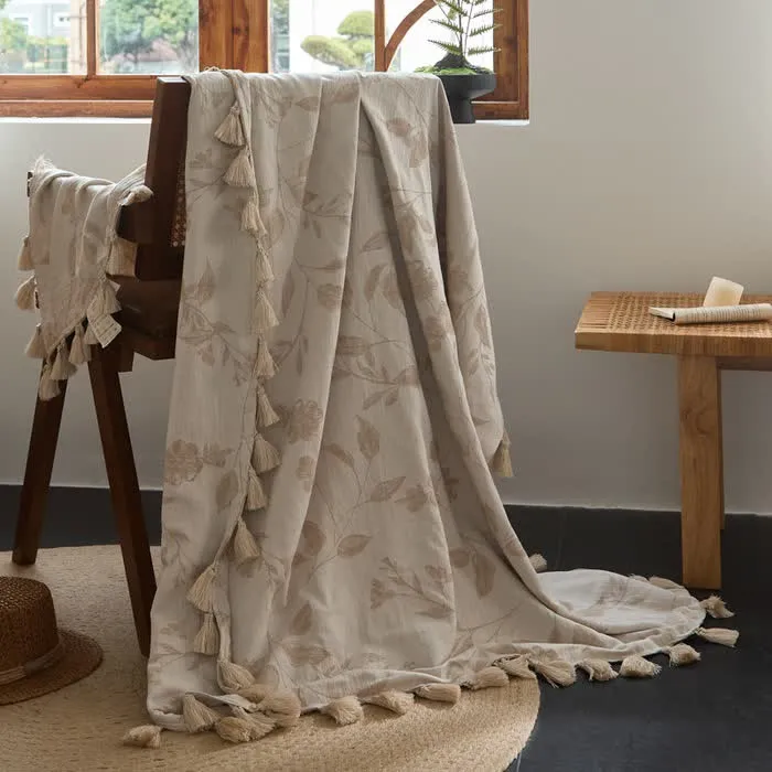 Coperta in cotone e lino jacquard con foglie floreali