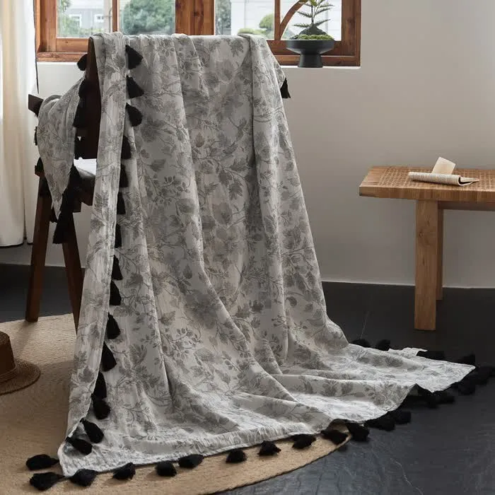 Coperta in lino e cotone jacquard floreale sottile