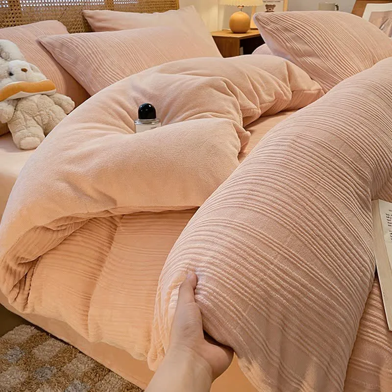Set di biancheria da letto in peluche testurizzato a righe verticali (4 pezzi)