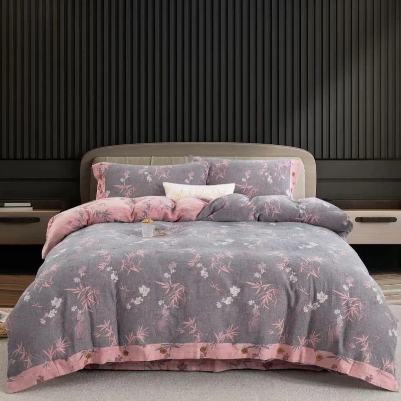 Set di biancheria da letto in cotone a doppia garza con foglie di bambù (4 pezzi)