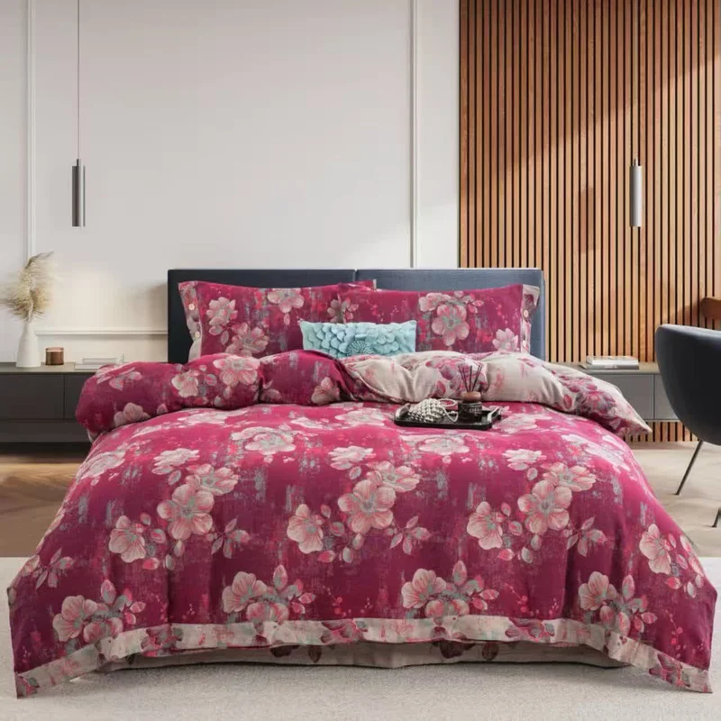 Set di biancheria da letto in cotone a doppia garza con fiori di pesco (4 pezzi)