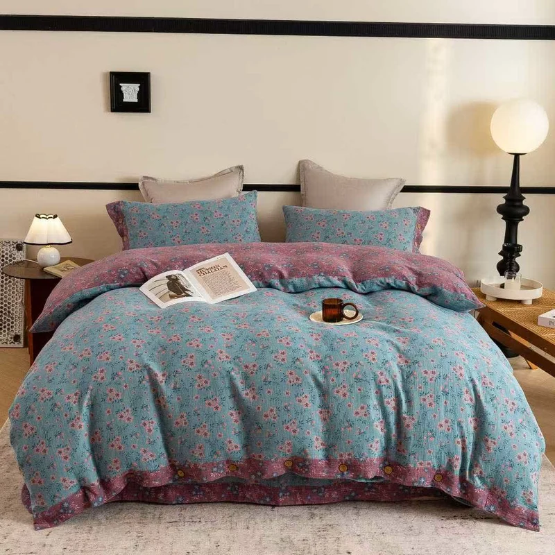 Set di biancheria da letto in cotone a doppia garza con motivo floreale rustico (4 pezzi)