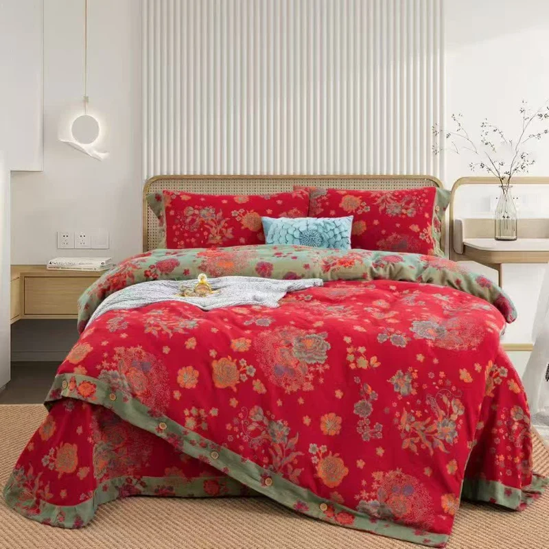 Set di biancheria da letto con bottoni in garza di cotone Peony (4 pezzi)
