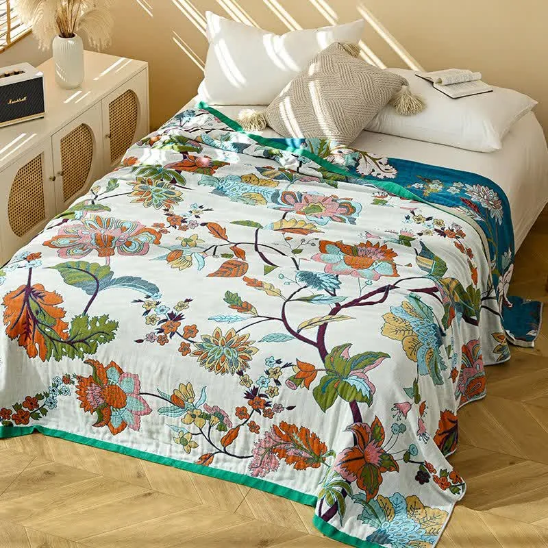 Trapunta in garza di cotone jacquard con motivo floreale a foglie
