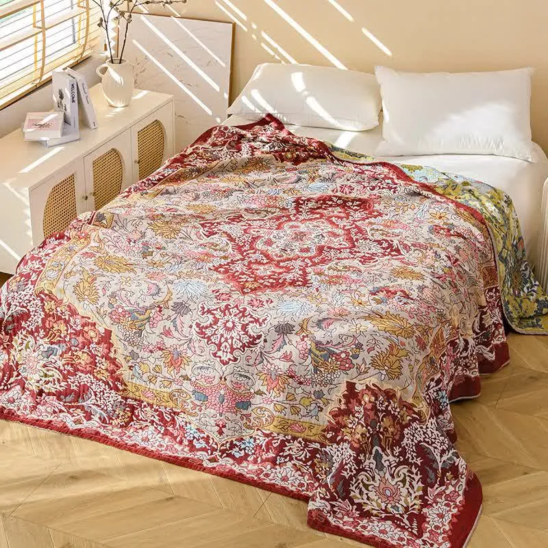 Trapunta in cotone jacquard floreale rosso retrò