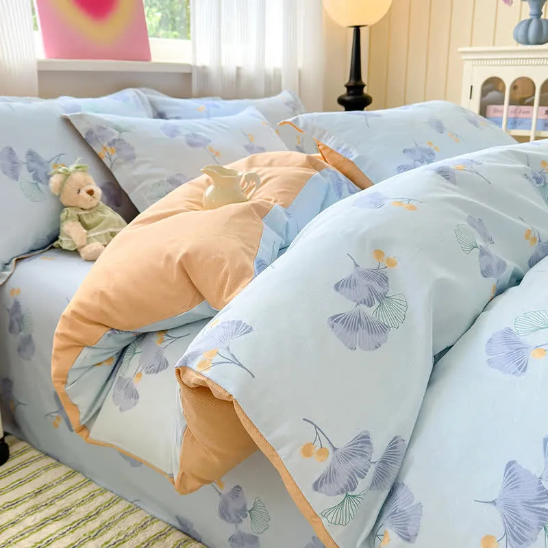Biancheria da letto in puro cotone con foglie di ginkgo blu