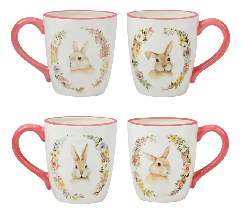 Tazza in ceramica con motivo coniglio e manico rosa